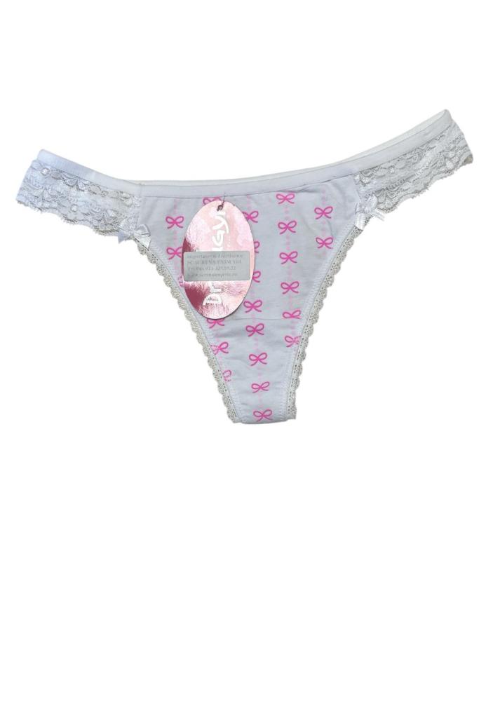 Chiloti Dama, Tanga , Dantelă Alba cu Imprimeu Fundițe Roz, Engros